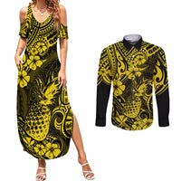 Hawaii Pineapple Couples Matching Summer Maxi Dress and Long Sleeve Button Shirts Polynesian Pattern Yellow Version - Wonder Print Shop