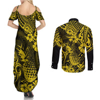 Hawaii Pineapple Couples Matching Summer Maxi Dress and Long Sleeve Button Shirts Polynesian Pattern Yellow Version - Wonder Print Shop