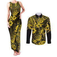 Hawaii Pineapple Couples Matching Tank Maxi Dress and Long Sleeve Button Shirts Polynesian Pattern Yellow Version - Wonder Print Shop