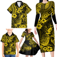 Hawaii Pineapple Family Matching Long Sleeve Bodycon Dress and Hawaiian Shirt Polynesian Pattern Yellow Version - Wonder Print Shop