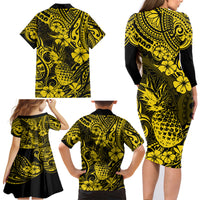 Hawaii Pineapple Family Matching Long Sleeve Bodycon Dress and Hawaiian Shirt Polynesian Pattern Yellow Version - Wonder Print Shop