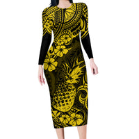 Hawaii Pineapple Family Matching Long Sleeve Bodycon Dress and Hawaiian Shirt Polynesian Pattern Yellow Version - Wonder Print Shop