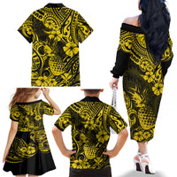 Hawaii Pineapple Family Matching Off Shoulder Long Sleeve Dress and Hawaiian Shirt Polynesian Pattern Yellow Version - Wonder Print Shop