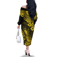 Hawaii Pineapple Family Matching Off Shoulder Long Sleeve Dress and Hawaiian Shirt Polynesian Pattern Yellow Version - Wonder Print Shop