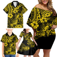 Hawaii Pineapple Family Matching Off Shoulder Short Dress and Hawaiian Shirt Polynesian Pattern Yellow Version - Wonder Print Shop