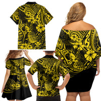 Hawaii Pineapple Family Matching Off Shoulder Short Dress and Hawaiian Shirt Polynesian Pattern Yellow Version - Wonder Print Shop