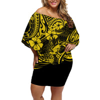 Hawaii Pineapple Family Matching Off Shoulder Short Dress and Hawaiian Shirt Polynesian Pattern Yellow Version - Wonder Print Shop