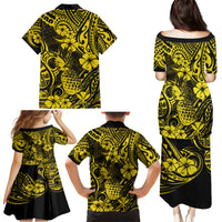 Hawaii Pineapple Family Matching Puletasi Dress and Hawaiian Shirt Polynesian Pattern Yellow Version - Wonder Print Shop