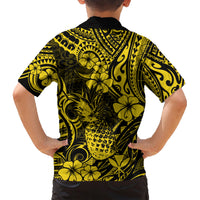 Hawaii Pineapple Family Matching Short Sleeve Bodycon Dress and Hawaiian Shirt Polynesian Pattern Yellow Version - Wonder Print Shop