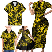 Hawaii Pineapple Family Matching Short Sleeve Bodycon Dress and Hawaiian Shirt Polynesian Pattern Yellow Version - Wonder Print Shop