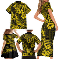 Hawaii Pineapple Family Matching Short Sleeve Bodycon Dress and Hawaiian Shirt Polynesian Pattern Yellow Version - Wonder Print Shop