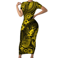 Hawaii Pineapple Family Matching Short Sleeve Bodycon Dress and Hawaiian Shirt Polynesian Pattern Yellow Version - Wonder Print Shop