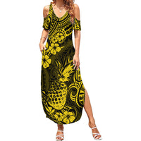 Hawaii Pineapple Family Matching Summer Maxi Dress and Hawaiian Shirt Polynesian Pattern Yellow Version - Wonder Print Shop