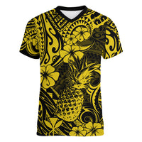 Hawaii Pineapple Women V Neck T Shirt Polynesian Pattern Yellow Version - Wonder Print Shop