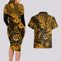 Hawaii Shaka Sign Couples Matching Long Sleeve Bodycon Dress and Hawaiian Shirt With Polynesian Hibiscus Gold Unique - Wonder Print Shop