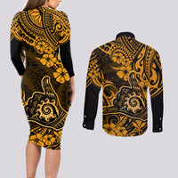 Hawaii Shaka Sign Couples Matching Long Sleeve Bodycon Dress and Long Sleeve Button Shirts With Polynesian Hibiscus Gold Unique - Wonder Print Shop