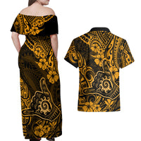 Hawaii Shaka Sign Couples Matching Off Shoulder Maxi Dress and Hawaiian Shirt With Polynesian Hibiscus Gold Unique - Wonder Print Shop