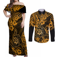 Hawaii Shaka Sign Couples Matching Off Shoulder Maxi Dress and Long Sleeve Button Shirts With Polynesian Hibiscus Gold Unique - Wonder Print Shop