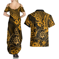 Hawaii Shaka Sign Couples Matching Summer Maxi Dress and Hawaiian Shirt With Polynesian Hibiscus Gold Unique - Wonder Print Shop