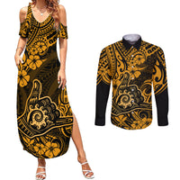 Hawaii Shaka Sign Couples Matching Summer Maxi Dress and Long Sleeve Button Shirts With Polynesian Hibiscus Gold Unique - Wonder Print Shop