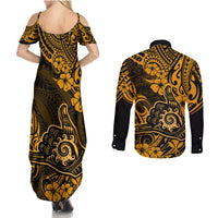 Hawaii Shaka Sign Couples Matching Summer Maxi Dress and Long Sleeve Button Shirts With Polynesian Hibiscus Gold Unique - Wonder Print Shop