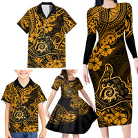 Hawaii Shaka Sign Family Matching Long Sleeve Bodycon Dress and Hawaiian Shirt With Polynesian Hibiscus Gold Unique - Wonder Print Shop