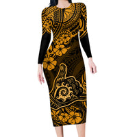 Hawaii Shaka Sign Family Matching Long Sleeve Bodycon Dress and Hawaiian Shirt With Polynesian Hibiscus Gold Unique - Wonder Print Shop