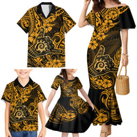 Hawaii Shaka Sign Family Matching Mermaid Dress and Hawaiian Shirt With Polynesian Hibiscus Gold Unique - Wonder Print Shop