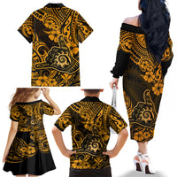 Hawaii Shaka Sign Family Matching Off Shoulder Long Sleeve Dress and Hawaiian Shirt With Polynesian Hibiscus Gold Unique - Wonder Print Shop