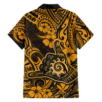 Hawaii Shaka Sign Family Matching Off Shoulder Long Sleeve Dress and Hawaiian Shirt With Polynesian Hibiscus Gold Unique - Wonder Print Shop