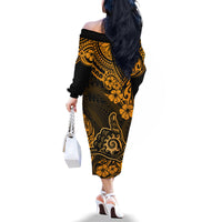 Hawaii Shaka Sign Family Matching Off Shoulder Long Sleeve Dress and Hawaiian Shirt With Polynesian Hibiscus Gold Unique - Wonder Print Shop