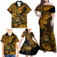Hawaii Shaka Sign Family Matching Off Shoulder Maxi Dress and Hawaiian Shirt With Polynesian Hibiscus Gold Unique - Wonder Print Shop