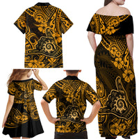 Hawaii Shaka Sign Family Matching Off Shoulder Maxi Dress and Hawaiian Shirt With Polynesian Hibiscus Gold Unique - Wonder Print Shop