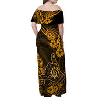 Hawaii Shaka Sign Family Matching Off Shoulder Maxi Dress and Hawaiian Shirt With Polynesian Hibiscus Gold Unique - Wonder Print Shop
