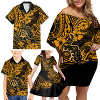 Hawaii Shaka Sign Family Matching Off Shoulder Short Dress and Hawaiian Shirt With Polynesian Hibiscus Gold Unique - Wonder Print Shop