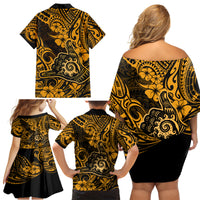 Hawaii Shaka Sign Family Matching Off Shoulder Short Dress and Hawaiian Shirt With Polynesian Hibiscus Gold Unique - Wonder Print Shop