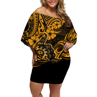 Hawaii Shaka Sign Family Matching Off Shoulder Short Dress and Hawaiian Shirt With Polynesian Hibiscus Gold Unique - Wonder Print Shop