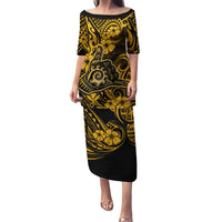 Hawaii Shaka Sign Family Matching Puletasi Dress and Hawaiian Shirt With Polynesian Hibiscus Gold Unique - Wonder Print Shop