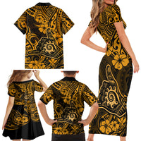 Hawaii Shaka Sign Family Matching Short Sleeve Bodycon Dress and Hawaiian Shirt With Polynesian Hibiscus Gold Unique - Wonder Print Shop