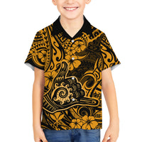 Hawaii Shaka Sign Family Matching Short Sleeve Bodycon Dress and Hawaiian Shirt With Polynesian Hibiscus Gold Unique - Wonder Print Shop