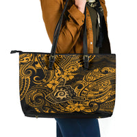 Hawaii Shaka Sign Leather Tote Bag With Polynesian Hibiscus Gold Unique - Wonder Print Shop
