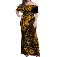 Hawaii Shaka Sign Off Shoulder Maxi Dress With Polynesian Hibiscus Gold Unique - Wonder Print Shop