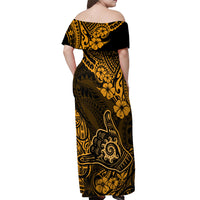 Hawaii Shaka Sign Off Shoulder Maxi Dress With Polynesian Hibiscus Gold Unique - Wonder Print Shop