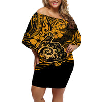 Hawaii Shaka Sign Off Shoulder Short Dress With Polynesian Hibiscus Gold Unique - Wonder Print Shop