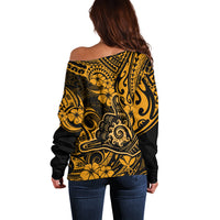 Hawaii Shaka Sign Off Shoulder Sweater With Polynesian Hibiscus Gold Unique - Wonder Print Shop