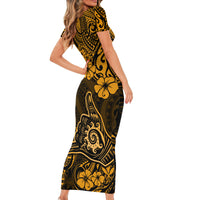 Hawaii Shaka Sign Short Sleeve Bodycon Dress With Polynesian Hibiscus Gold Unique - Wonder Print Shop