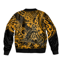 Hawaii Shaka Sign Sleeve Zip Bomber Jacket With Polynesian Hibiscus Gold Unique - Wonder Print Shop