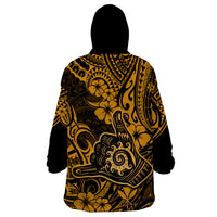 Hawaii Shaka Sign Wearable Blanket Hoodie With Polynesian Hibiscus Gold Unique - Wonder Print Shop