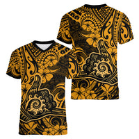 Hawaii Shaka Sign Women V Neck T Shirt With Polynesian Hibiscus Gold Unique - Wonder Print Shop