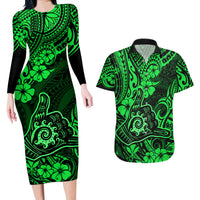 Hawaii Shaka Sign Couples Matching Long Sleeve Bodycon Dress and Hawaiian Shirt With Polynesian Hibiscus Green Unique - Wonder Print Shop